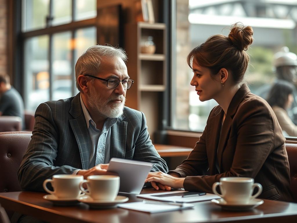 A mentor and mentee engaged in a focused discussion at a cozy coffee shop. The mentor, a seasoned professional, shares advice while the mentee listens intently, taking notes. The setting is warm and inviting, with coffee cups on the table and soft lighting. The composition emphasizes the connection between the two individuals, shot with a 45mm f/1.2 lens.