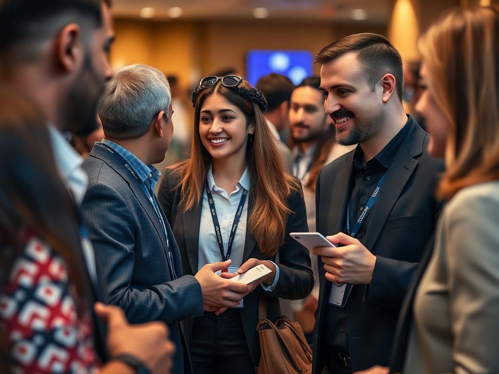 A close-up shot of a professional networking event, featuring a diverse group of security professionals engaged in conversation and exchanging business cards. The background is slightly blurred to emphasize the interaction among individuals. The focus is on friendly gestures and smiling faces, capturing the essence of collaboration and connection in the security industry.
