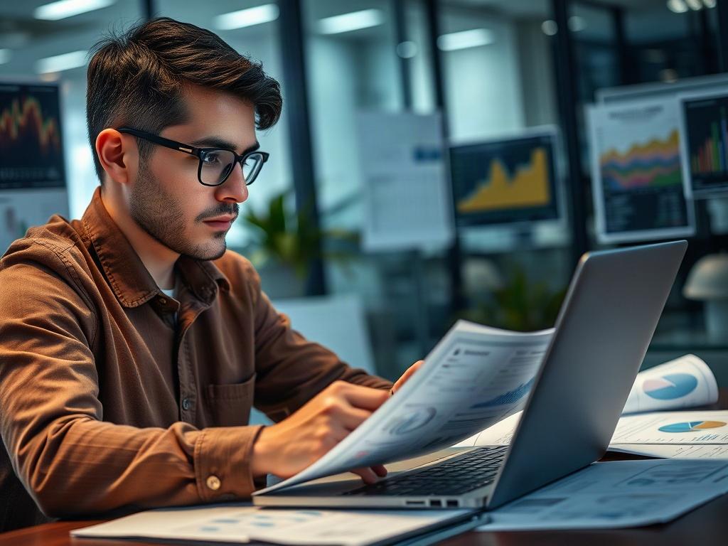 A hyper-realistic image of a professional reading industry reports and analyzing data on a laptop, surrounded by security-related documents and charts. The focus is on the individual's engaged expression, conveying concentration and insight. The background should feature a modern office setting, enhancing the atmosphere of professional development and knowledge acquisition.