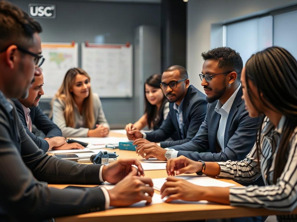 A close-up shot of diverse professionals in a training session, actively participating in a workshop on security skills development. The focus is on engaged expressions, hands-on activities, and collaboration. The background should showcase a modern training room with visual aids and materials relevant to the security industry.
