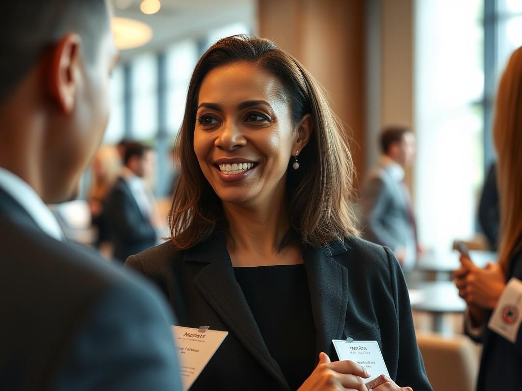Create a realistic high-resolution photo that captures the essence of "The Importance of Networking in the Security Industry." Focus on a close-up portrait of a diverse security professional—perhaps a confident middle-aged woman or man dressed in smart casual attire, engaging in conversation at a networking event. The subject should be animated, showing enthusiasm and approachability while interacting with another professional who is just out of the frame, embodying the essence of effective networking.

The