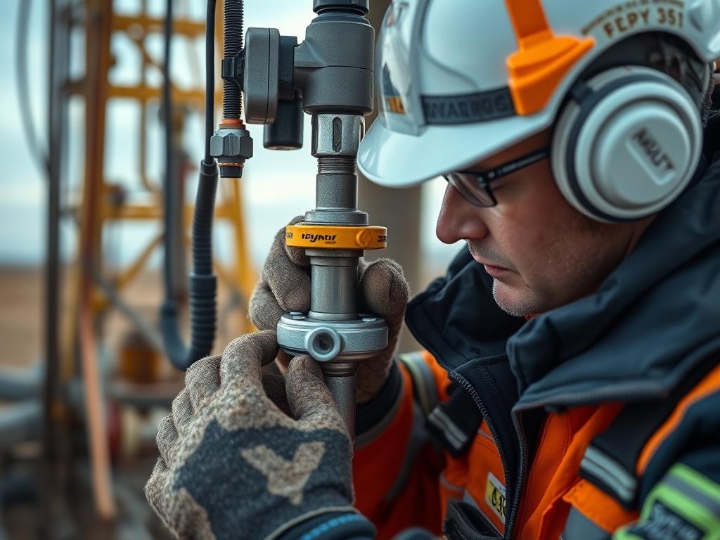 A detailed close-up of a technician inspecting a derrick component, highlighting safety gear and tools in use. The background should be an oilfield setting, emphasizing the operational environment while focusing on the technician's meticulous work. Captured with a 45mm f/1.2 lens for clarity.