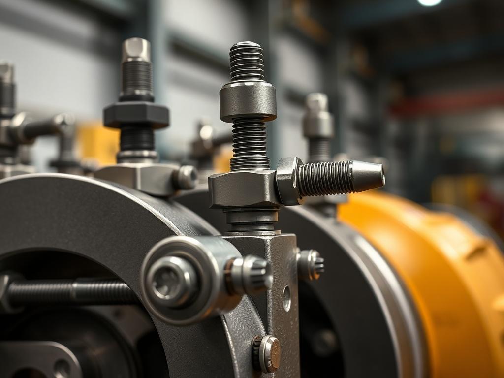 A hyper-realistic close-up of hydraulic scoping rams and locking pins showcased against a clean, industrial background. The focus is on the intricate details of the components, demonstrating their quality and design. Shot with a 45mm f/1.2 lens, highlighting texture and craftsmanship.