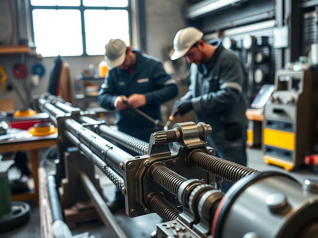 A close-up shot of a custom derrick being manufactured, showcasing engineers working on the design and assembly. The background features tools and high-quality materials, bathed in natural light, emphasizing precision and craftsmanship. The scene is shot with a 45mm f/1.2 lens, highlighting the intricate details of the derrick components.
