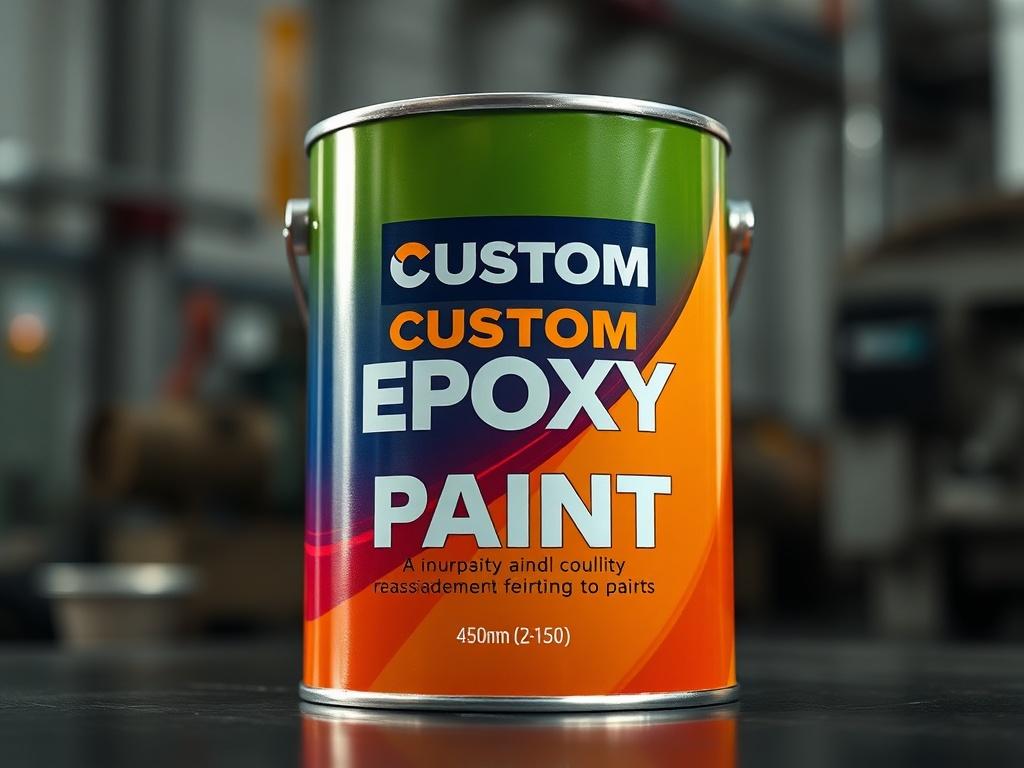 A close-up shot of a vibrant can of Custom Epoxy Carrier Paint, showcasing its glossy finish and robust design. The background should be a subtle industrial setting, hinting at its application in the oilfield industry. The can should be the focal point, with soft lighting to highlight the paint's texture and color, captured with a 45mm f/1.2 lens style.