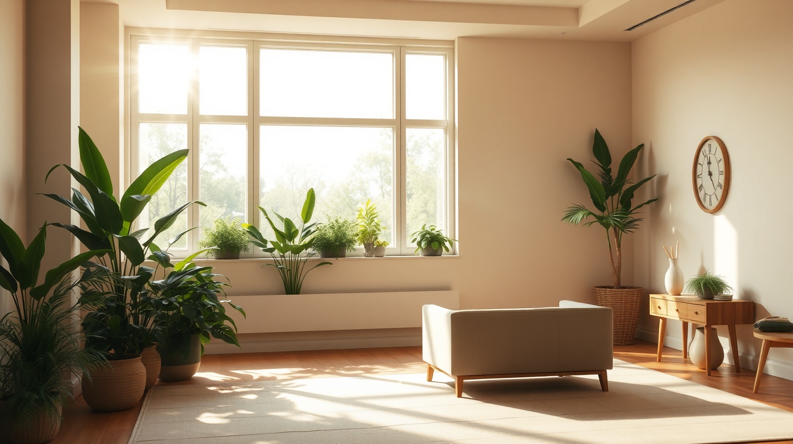 Serene healing space with natural light and greenery