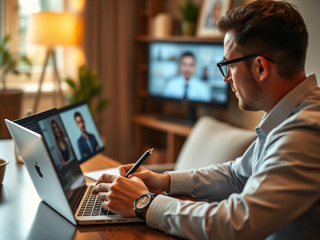 An individual conducting a virtual interview with a candidate on