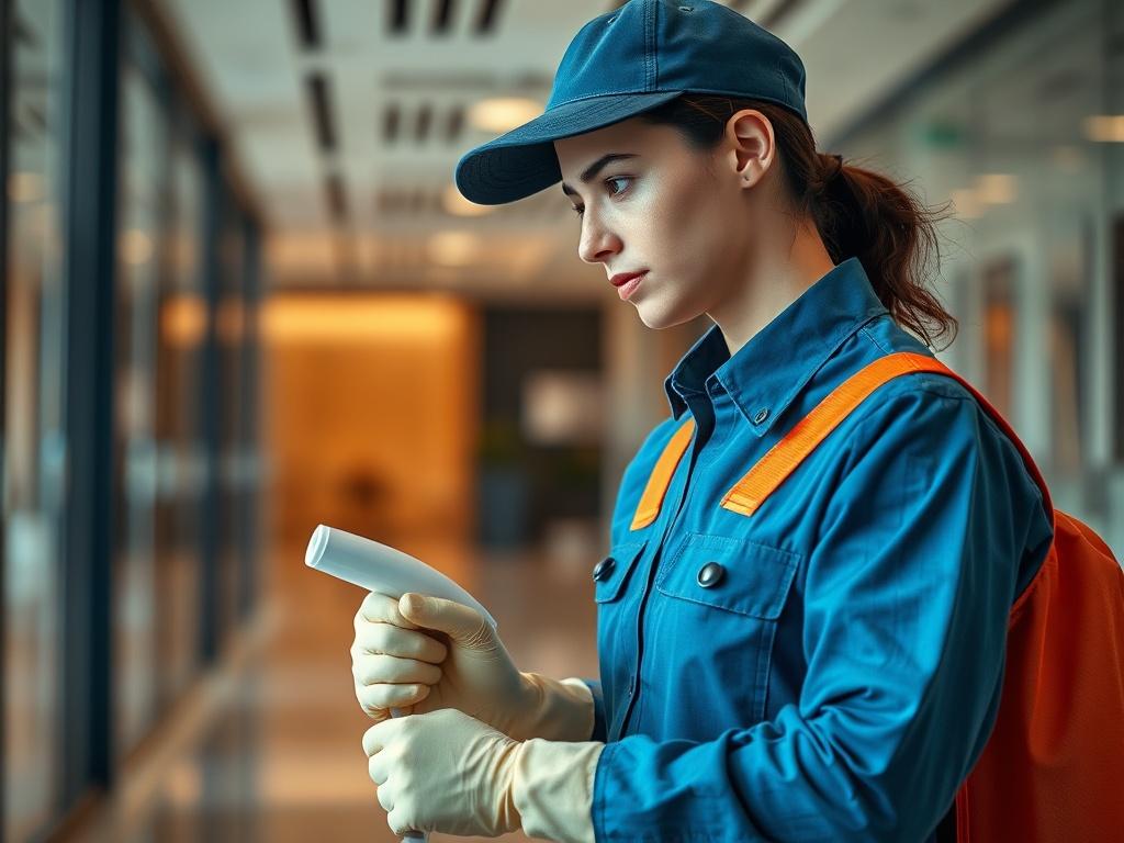 Depict a close up of a dedicated cleaning professional in