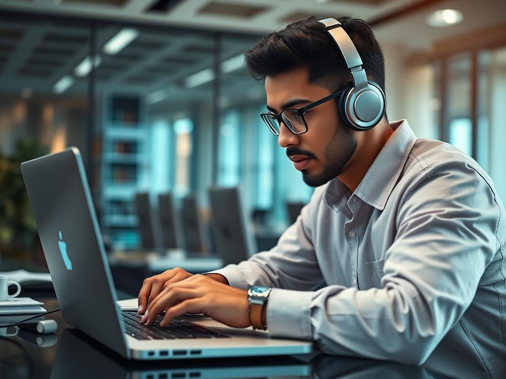 Capture a close up of a focused international IT professional