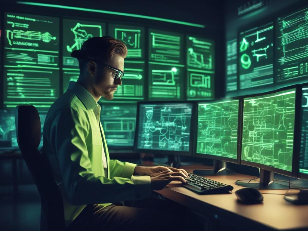 A high resolution of a cybersecurity expert working on multiple