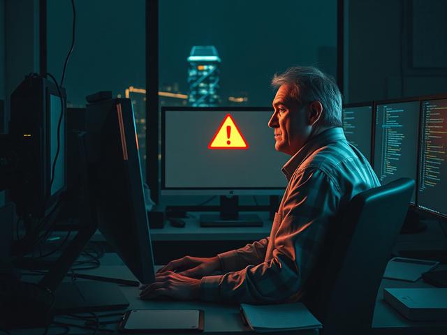 Create a realistic high-resolution photo centered on a single subject: a weary, disheveled office worker sitting at a cluttered desk late at night. The worker is a middle-aged American male, dressed in casual work attire, staring at a computer screen displaying a glaring red warning symbol representing a data breach. His expression combines frustration and disbelief. Behind him, through a dim office window, faint city lights symbolize a large, impersonal tech corporation. The background is minimalist but in