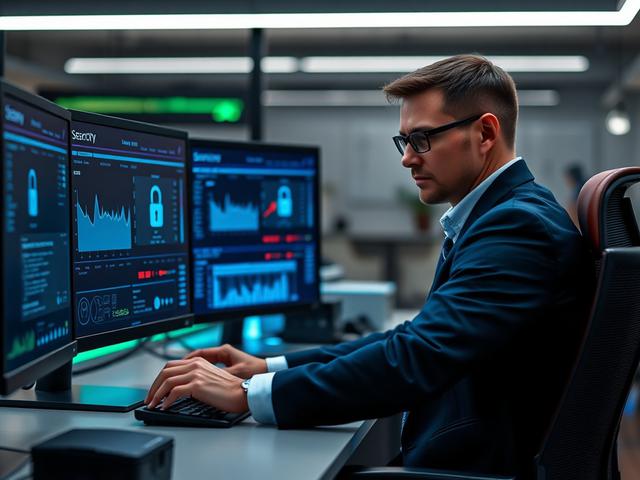 Create a realistic high-resolution photo featuring a confident IT professional working intently at a sleek, modern workstation. The single subject, dressed in smart-casual attire, adjusts security settings on multiple monitors displaying clean, minimalistic dashboards with abstract system graphs and secure access indicators (without any visible text). The background is a softly blurred office environment with subtle cyber-tech aesthetics—dark tones accented by neon green and blue lighting to hint at advance