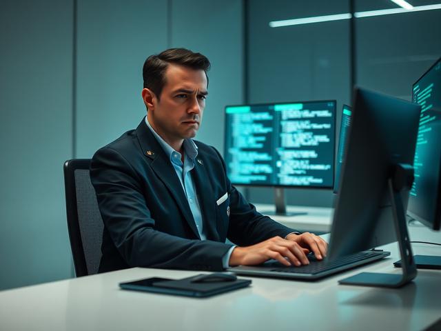 Create a highly detailed, realistic high-resolution photo featuring a single subject that visually represents the serious data exposure scandal involving UnitedHealthcare affecting 190 million people. The composition should be simple and focused, with a clear subject occupying the center or slightly off-center of the frame.

Subject: A determined, professional-looking individual—depicted as a vigilant cybersecurity expert or concerned IT specialist—seated at a sleek, modern desk. They should be wearing smar