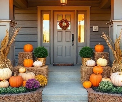 Large porch with diverse pumpkins
