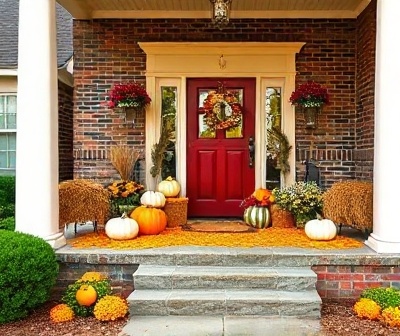 Charming front porch with pumpkins