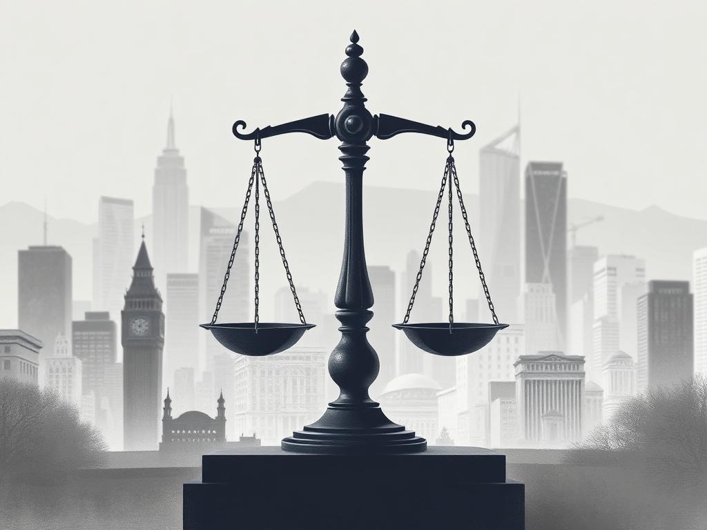 **AI Image Generation Prompt:**

Create a high-quality illustration centered around the theme of "Global Justice Spotlight." The composition should feature a solitary scales of justice, balanced and prominently displayed in the center of the image to symbolize fairness and accountability. The scales should be intricately designed, showcasing fine details that emphasize their importance and gravitas.

In the background, include a soft, fading cityscape that represents diverse global locales, hinting at vario
