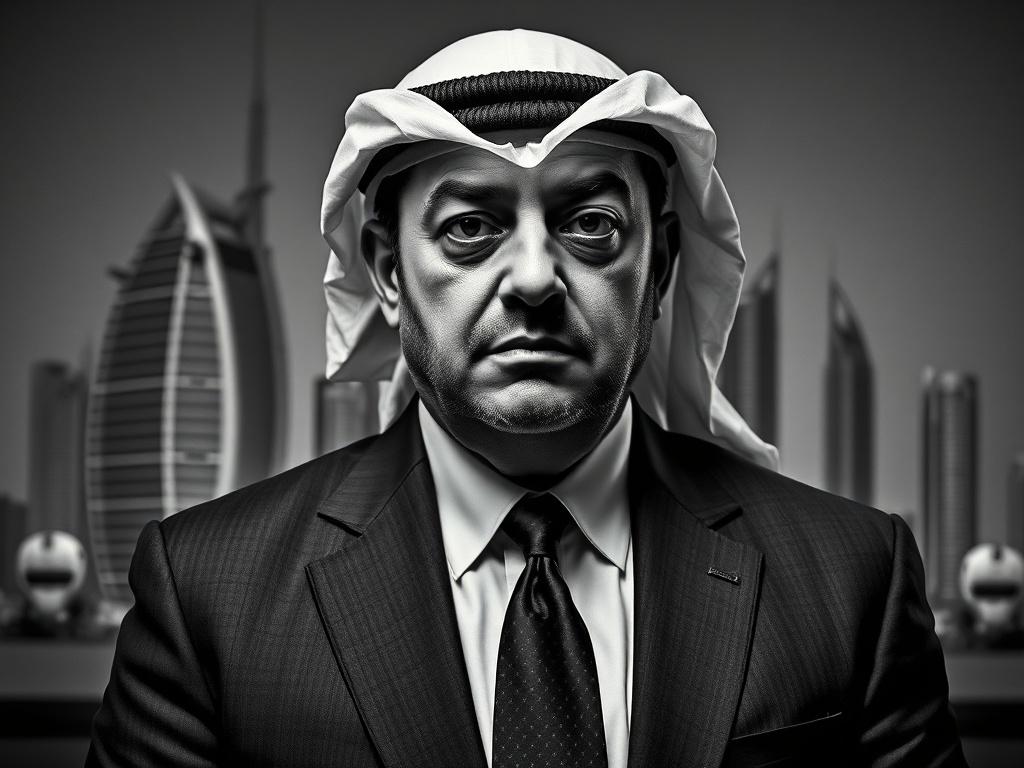 Create a realistic high-resolution black and white photo that captures the essence of the blog titled "Justice Denied in Dubai: Tameer Holding Scandal." The composition should be straightforward and centered around a single, powerful subject: a solemn and introspective Saudi billionaire. The subject should be depicted wearing a formal suit, reflecting both sophistication and unease, symbolizing the complexities of wealth, power, and injustice. 

In the background, include a subtly blurred representation of 