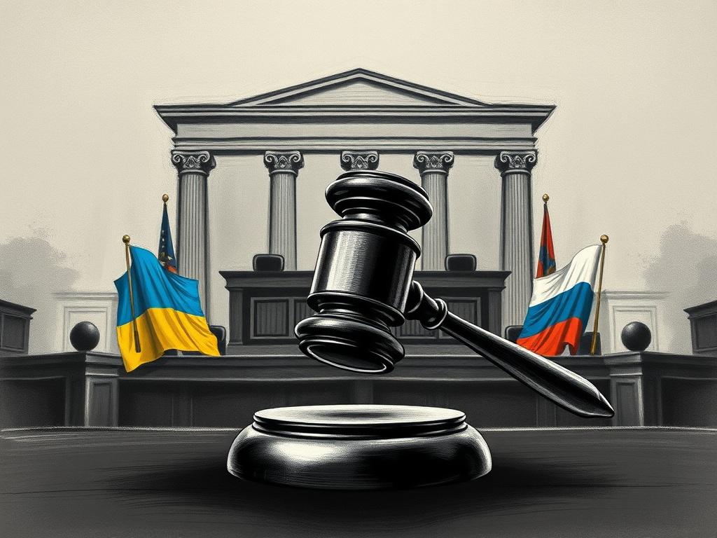 **AI Image Generation Prompt:**

Create a high-quality illustration in a charcoal style, depicting a single, majestic gavel as the central subject. The gavel symbolizes justice and authority, and it should be placed prominently in the center of the composition. Surrounding the gavel, illustrate subtle, abstract representations of flags, incorporating elements from both Ukraine and Russia in muted tones to convey the gravity of the Ukraine v. Russia case without overshadowing the gavel.

In the background, u