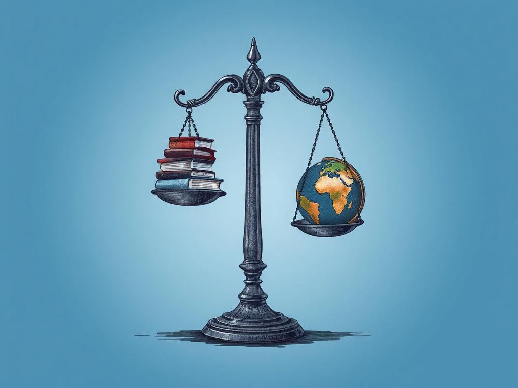 **Prompt for AI Image Generator:**

Create a high-quality illustration for a blog titled "Understanding Global Justice." The image should visually convey the concept of global justice through a single, powerful subject. 

**Subject Matter:** Focus on a balanced scale, symbolizing justice and fairness. The scale should have one side covered with books representing knowledge, laws, and the foundations of justice, while the other side is balanced with a globe symbolizing the global aspect and interconnectednes