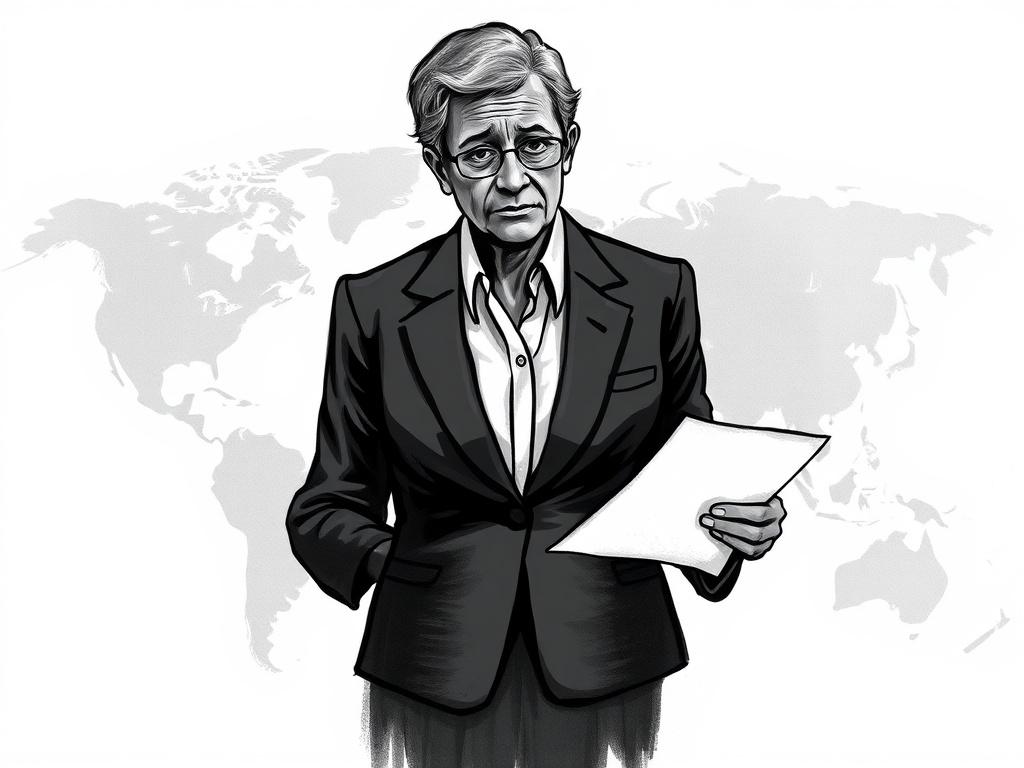 **AI Image Generation Prompt:**

Create a high-quality charcoal-style illustration that visually represents a blog post titled "United Nations High Commissioner for Human Rights Joint Letter November 2025." The composition should be simple and clear, featuring a single subject: a concerned figure symbolizing the UN High Commissioner for Human Rights.

This figure should be depicted as a middle-aged professional, dressed in formal attire, with an expression of deep concern and empathy. They should be holding
