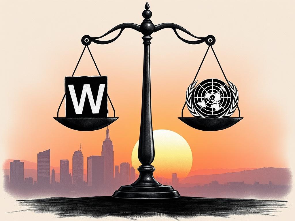 Create a high-quality illustration that visually represents a blog post titled "Human Rights Watch and UN Watchdog Classified US Report November 2025." The composition should feature a single, striking subject: a balanced scale symbolizing justice, centered in the foreground. 

The scale should be prominently displayed, with one side holding the emblem of Human Rights Watch and the other side showcasing the United Nations emblem, both rendered in a grayscale palette to emphasize their significance and neutr