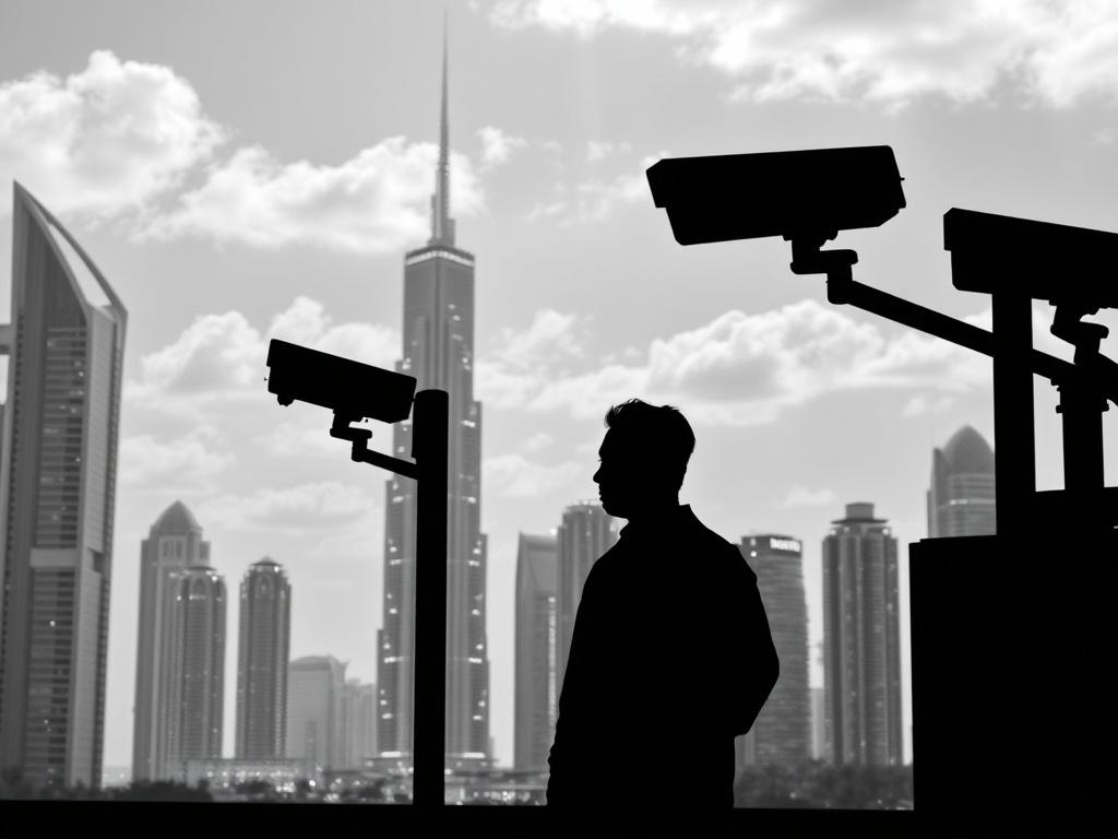 **AI Image Generation Prompt:**

Create a realistic high-resolution black and white photograph titled "Behind the Façade: Human Rights in the UAE." The composition should be simple and clear, featuring a single subject: a silhouette of a concerned individual standing in front of a glittering skyline of Dubai. This figure, representing a migrant or a reformer, should have an expression of contemplation or distress, capturing the juxtaposition of beauty and repression. 

The background should showcase the ico
