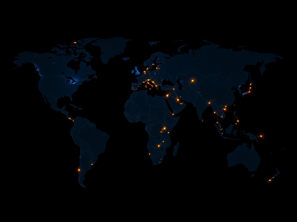 Global network map with interconnected nodes and international energy trade routes across continents