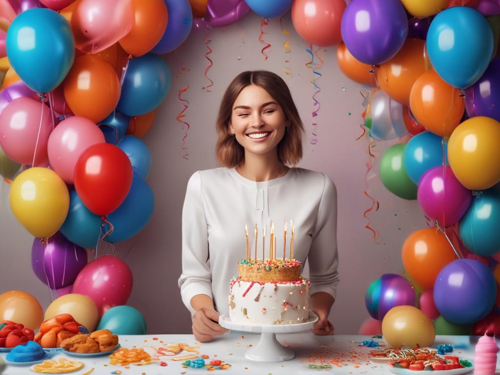 A beautiful woman dressed elegantly, standing beside a lavish birthday
