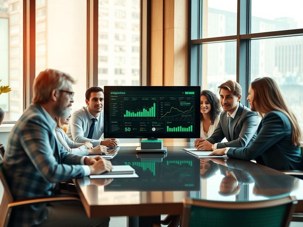 A professional setting with a diverse group of business people