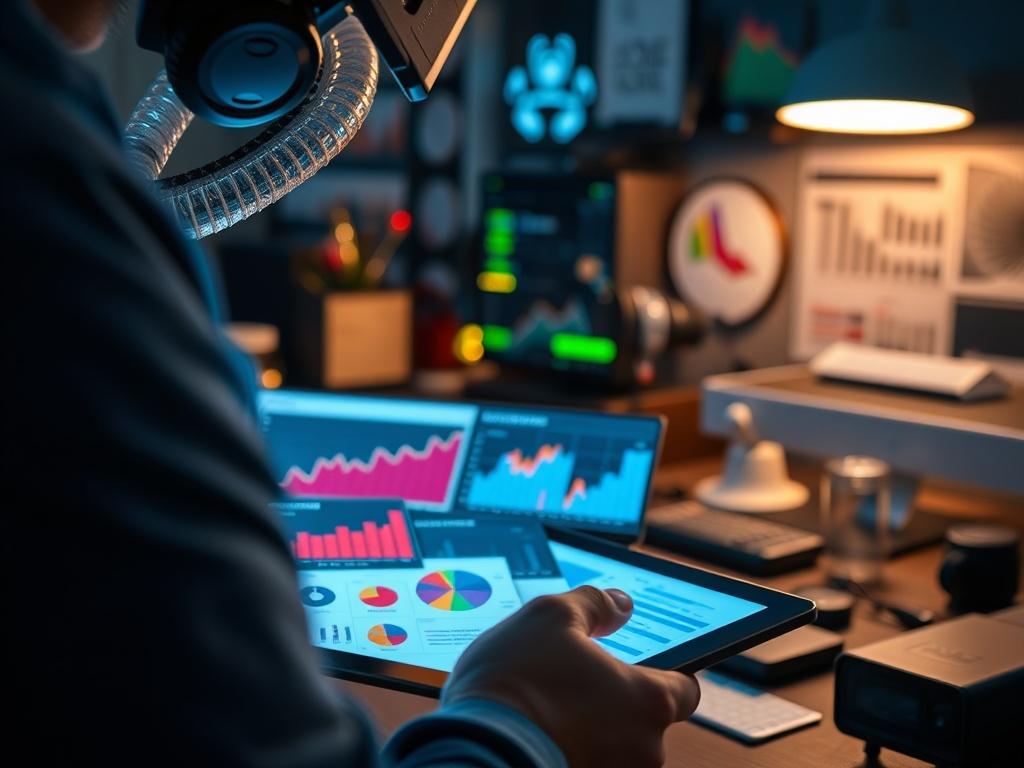 A close up shot of a data analyst reviewing charts