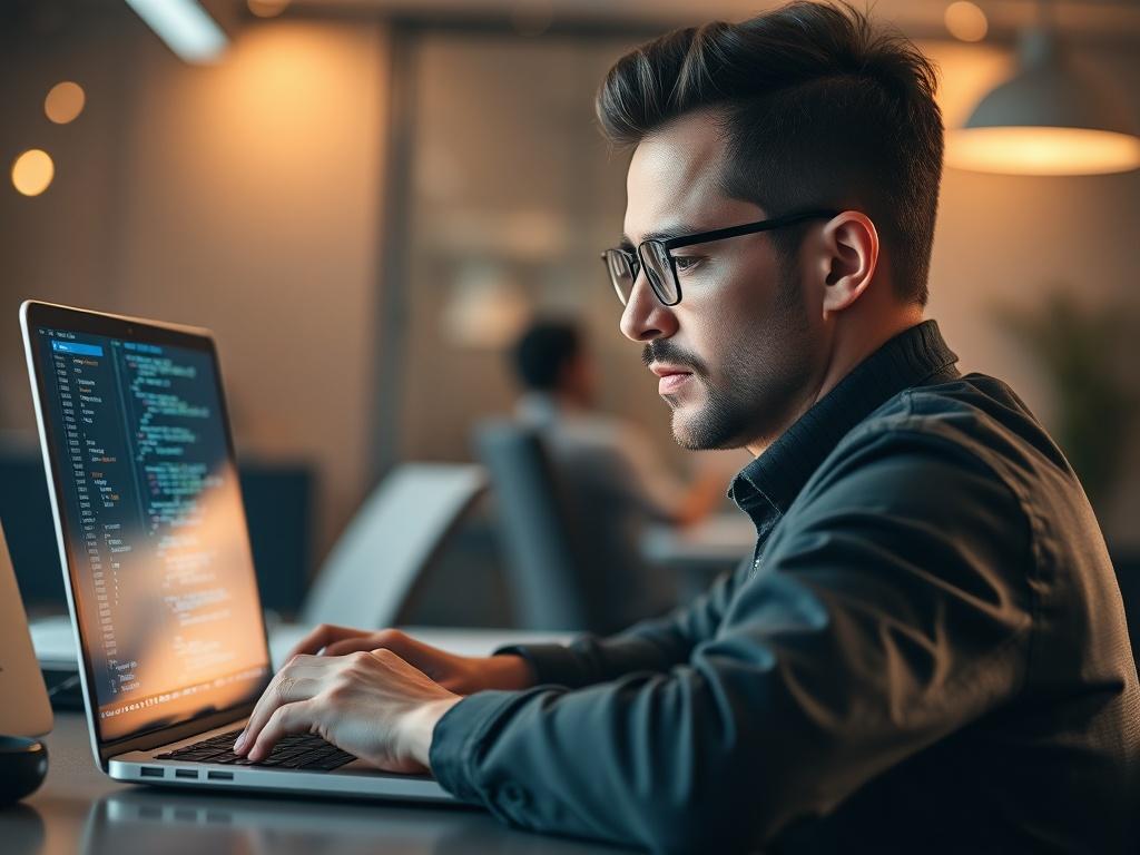 A close up shot of a professional software developer working