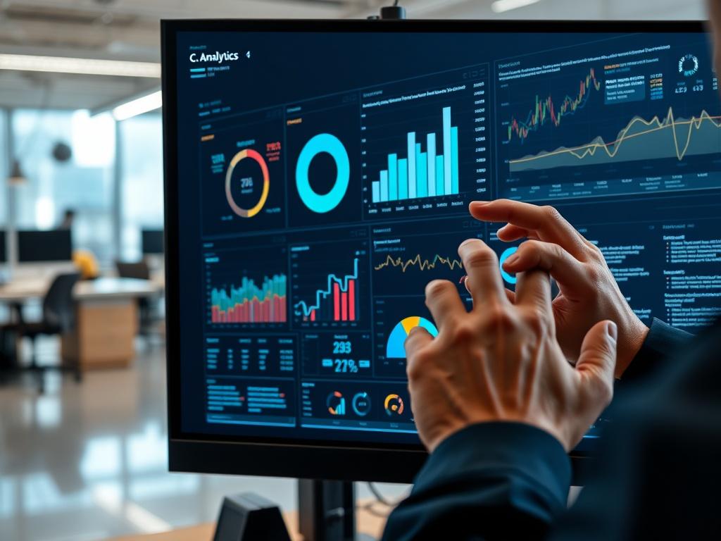 An analytical dashboard on a computer screen displaying various charts