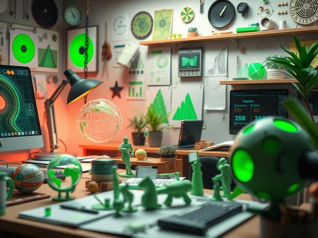 A close-up image of a creative workspace filled with digital tools and generative design concepts. The scene showcases vibrant green elements (rgb(50, 170, 39)) accentuating the creative atmosphere, with a focus on digital sketches and models that reflect innovation and design.