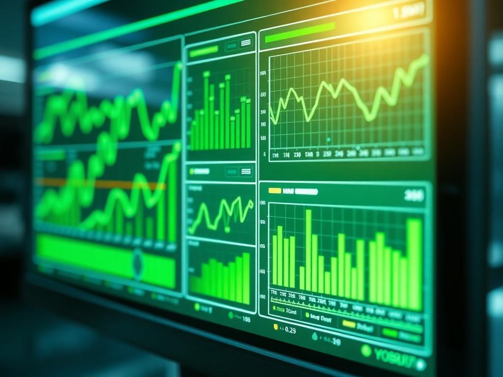 A high-resolution close-up of a futuristic screen displaying predictive analytics graphs and charts, demonstrating data trends and insights. The screen is bright and engaging, with green highlights (rgb(50, 170, 39)) that emphasize dynamic data movements and analytics, set against a sleek, modern background.