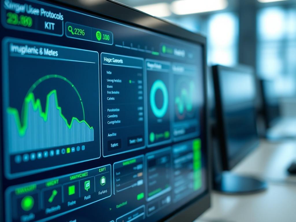 A close-up shot of a digital interface displaying a streamlined user interface for convergence protocols, with a focus on clear, user-friendly design elements. The background is soft and blurred, highlighting the interface, with vibrant green accents (rgb(50, 170, 39)) that indicate a modern and efficient workspace.