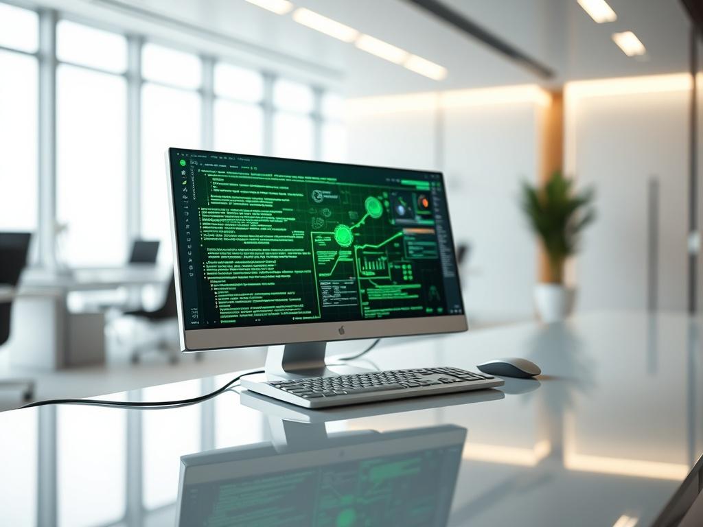 Generate a high-resolution, hyper-realistic image that visually represents the concept of convergence protocols in hybrid intelligence. The focal subject is a sleek, modern computer console showcasing a glowing digital interface that illustrates various data streams converging together—such as lines of code, graphs, and interconnected nodes. The interface should emit a vibrant green hue, reflecting the primary color rgb(50, 170, 39).

In the background, create a subtle yet immersive environment that suggest