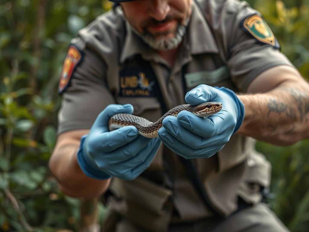 A realistic, high-resolution photo of a trained wildlife control agent gently handling a captured snake in a natural outdoor setting. The agent is wearing gloves and has a calm demeanor, focusing on the safe handling of the snake. The background features lush greenery typical of Florida, with soft, natural lighting to create an earthy and grounded aesthetic.