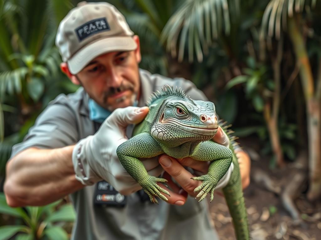 A close up of a professional wildlife rescuer gently handling