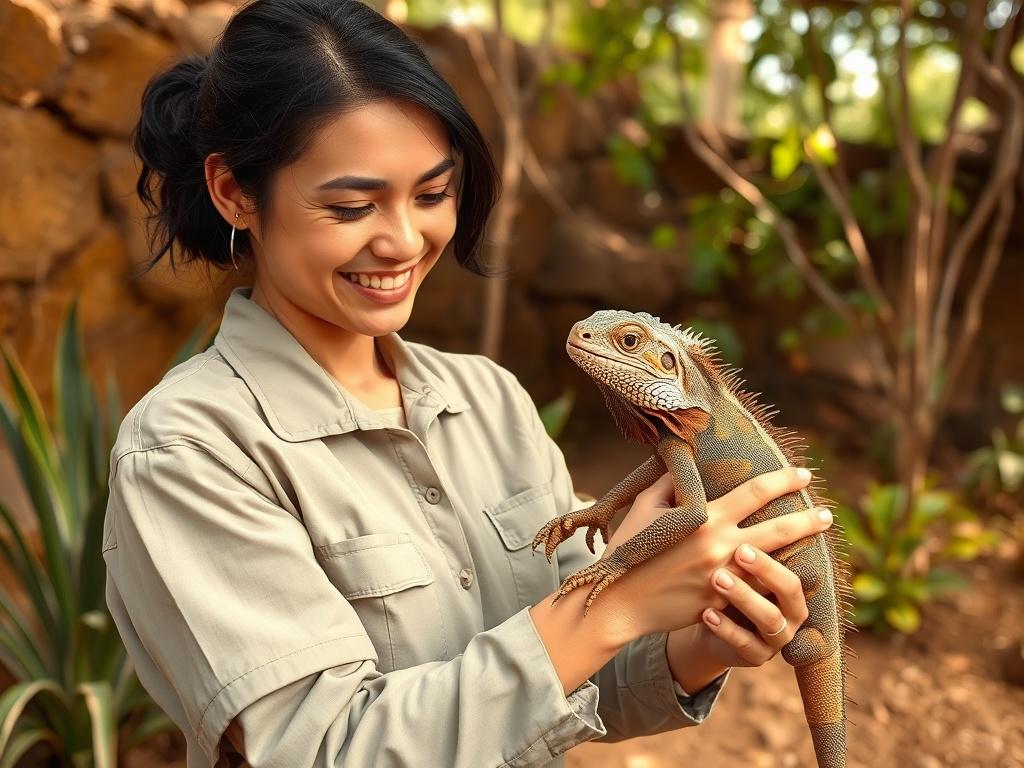 A compassionate team member gently handling a rescued exotic animal,