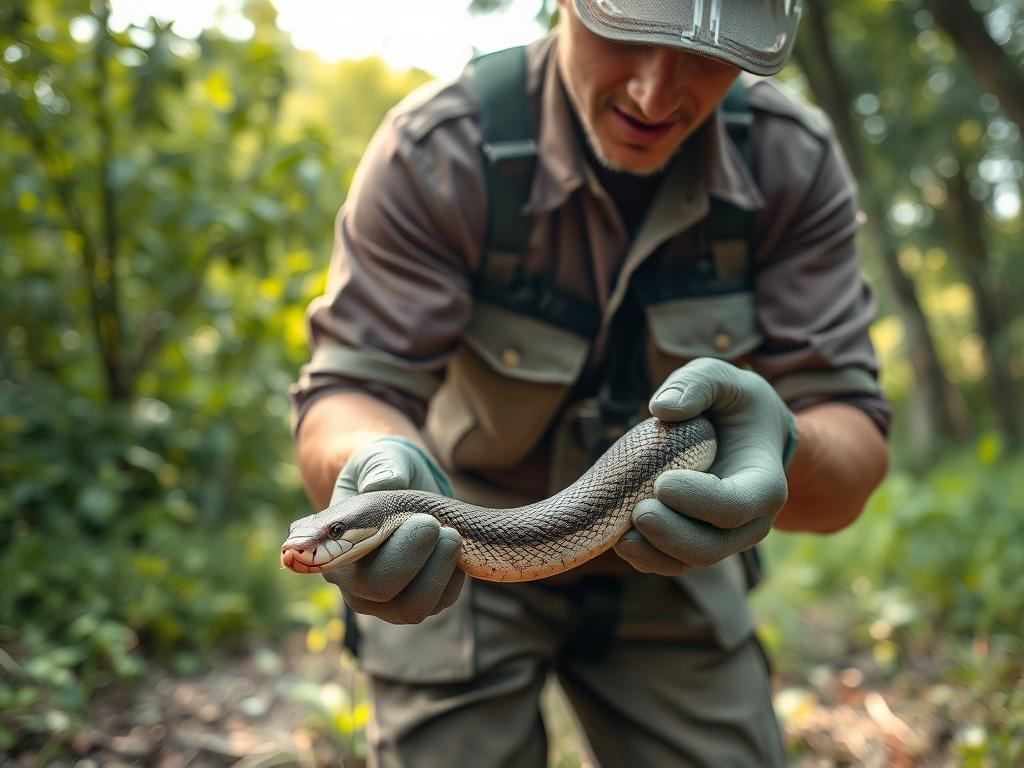 A skilled rescuer carefully capturing a distressed snake in a