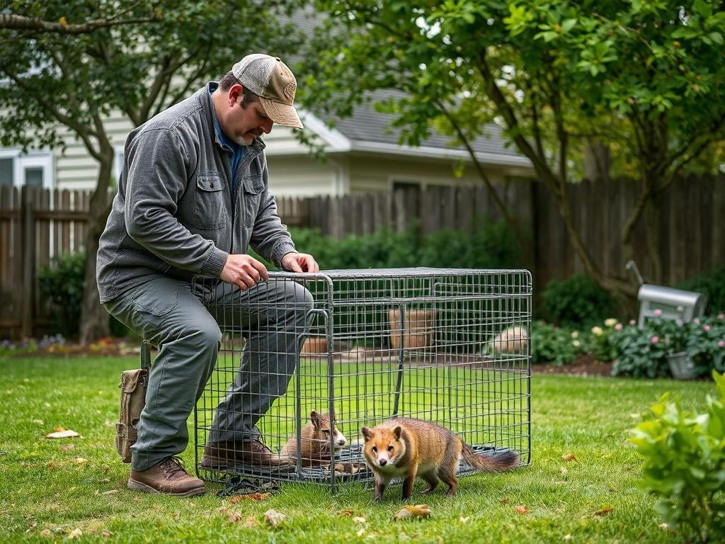 A professional trapper setting a humane animal trap in a