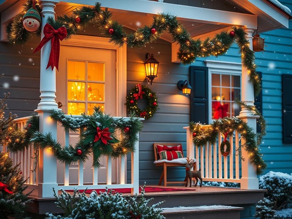 Create a realistic high-resolution image of a beautifully decorated home exterior during the holiday season. The composition should be simple and clear, featuring a single focal point: a charming front porch adorned with meticulously placed holiday lights, wreaths, and garlands that exude a festive atmosphere. 

The porch should showcase a warm welcome, with glowing lights wrapped around the railings, a decorated evergreen wreath on the door, and a few cozy decorations, such as a snowman or reindeer figurin