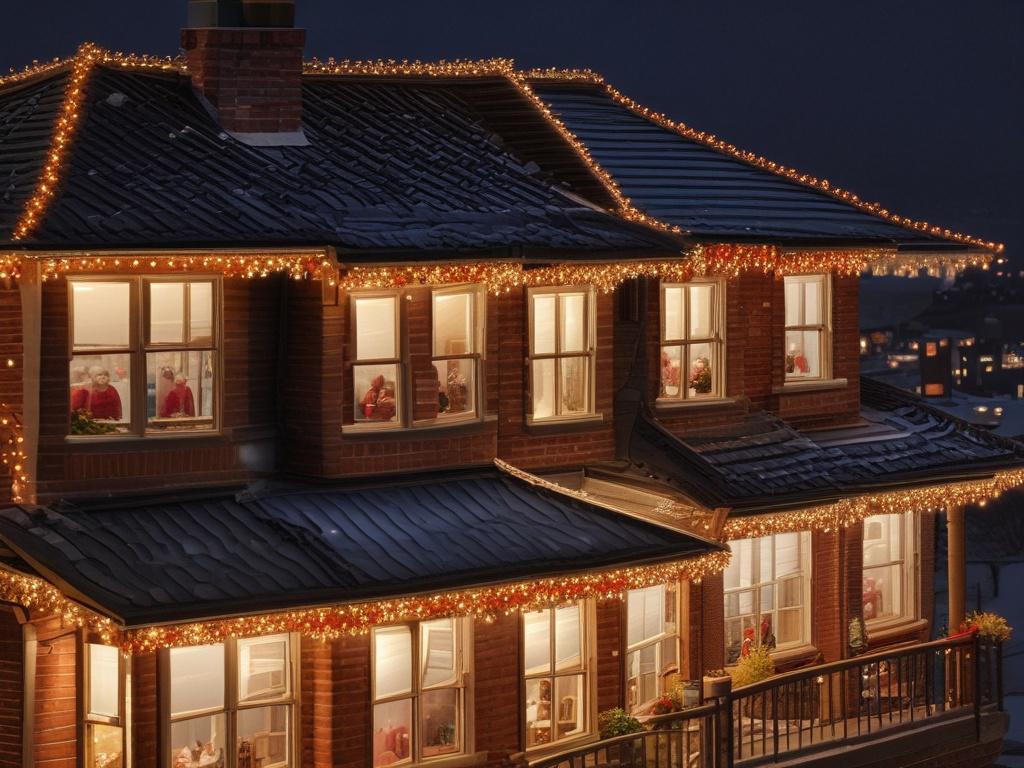 Create a highly detailed, realistic high-resolution photo focusing solely on a professional installer positioned on a rooftop, carefully securing holiday lights along the edge of the roof. The installer should be depicted mid-action, wearing safety gear including a harness and hard hat, emphasizing a commitment to safety. The ladder must be visible, leaning against the roof, showcasing the effort involved in the installation process. The background should feature a softly blurred suburban neighborhood, deco