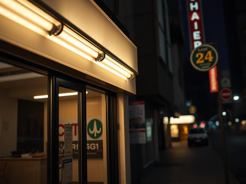 Create a realistic high-resolution photo of a storefront with poor lighting, showcasing its impact on the overall appearance and ambiance. The composition should be simple and centered, focusing solely on the storefront as the subject. The storefront features dull, flickering fluorescent lights that cast uninviting shadows, highlighting the negative effects of inadequate illumination. The background should be a dark, subtly blurred urban setting, emphasizing the need for proper lighting. Ensure the lighting