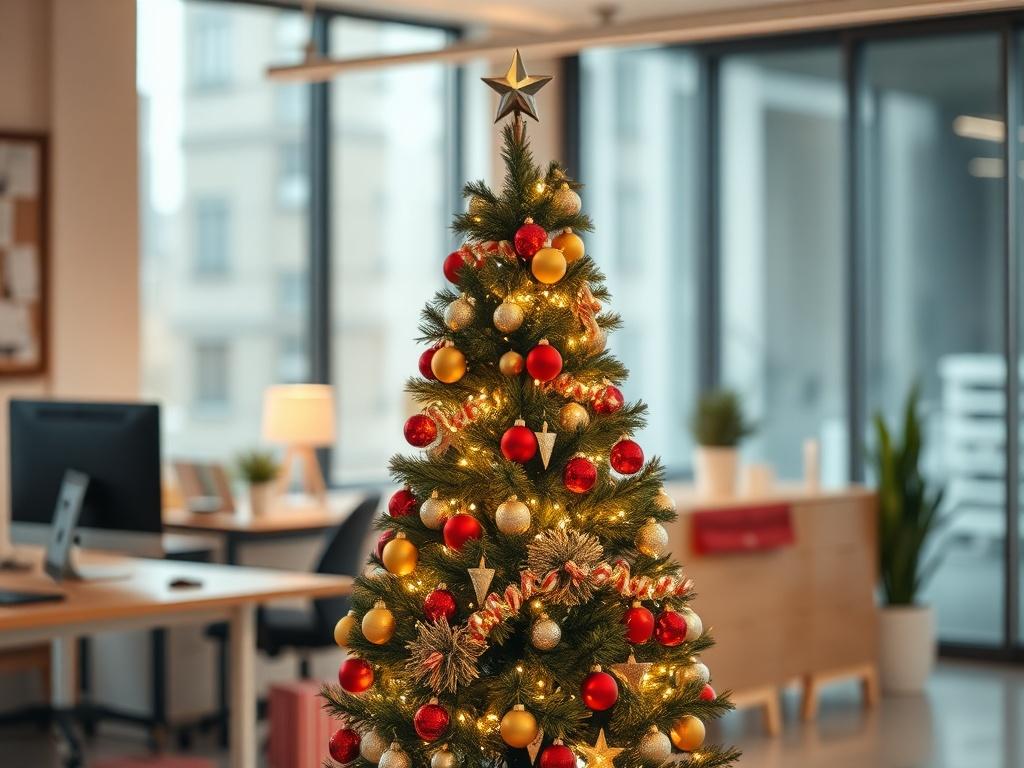 **Image Generation Prompt:**

Create a realistic, high-resolution photo that illustrates the concept of holiday decoration responsibilities in a workplace setting. The main subject should be a beautifully decorated Christmas tree positioned centrally in a warmly lit office space. The tree should be adorned with colorful ornaments, twinkling fairy lights, and a shiny star on top, representing festive cheer.

In the background, depict a modern office with minimalistic decor—no clutter, but showcasing hints of