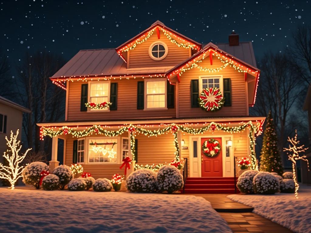 **AI Image Generation Prompt:**

Create a high-resolution photo that captures the magic of the holiday season, centered around a beautifully decorated home illuminated with stunning holiday lights. The composition should be simple and clear, featuring a cozy two-story house adorned with warm white and vibrant red holiday lights draped around the eaves, windows, and door. In the foreground, include a well-kept front yard with snow gently blanketing the ground, adding a touch of magic to the scene. 

The back