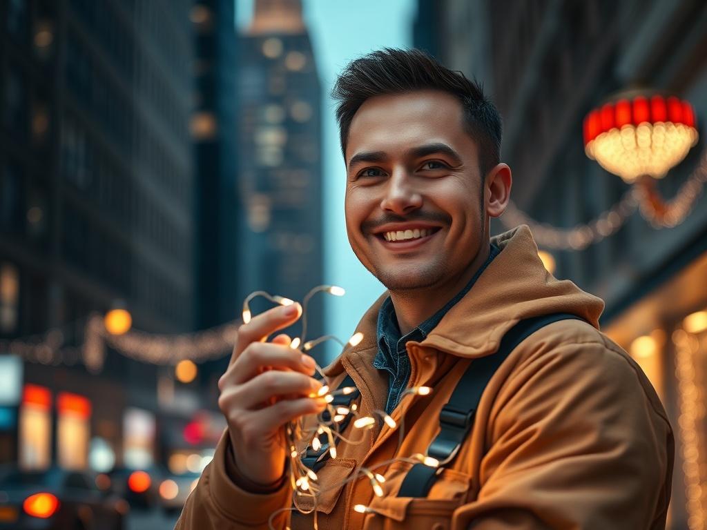 Create a hyper-realistic close-up shot of a skilled lighting technician in a New York City street at dusk, preparing for a holiday lighting installation. The technician should be the focal point of the image, showcasing a warm smile and wearing a comfortable work outfit. He should be holding a set of twinkling lights, with delicate bokeh effects from the city lights in the background. 

The setting should capture iconic New York architecture, with the glow of building windows and subtle festive decorations 