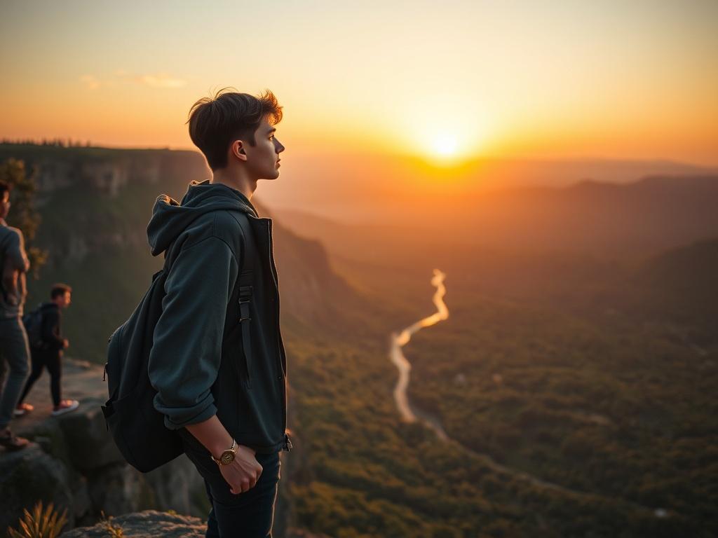 Create a realistic high-resolution photo that encapsulates the theme "Unlocking Your Potential: Embrace Change." The composition should feature a single subject, a determined young adult, standing on a cliff's edge, gazing into the vast horizon at sunrise. The subject, dressed in casual, modern attire, exhibits a posture of hope and curiosity, symbolizing openness to change. 

In the background, capture the breathtaking view of a lush valley below, with vibrant colors reflecting the early morning light, cre