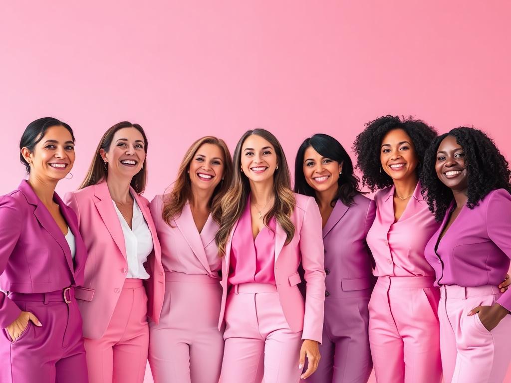 A vibrant and uplifting scene featuring a group of happy businesswomen wearing pink and purple tones. The women should be standing together, smiling, and exuding confidence and camaraderie in a modern, professional setting. The background should be minimalistic with soft colors that complement the pink and purple, highlighting the essence of sisterhood and empowerment. The composition should focus on the women, capturing their joyful expressions and the spirit of collaboration.
