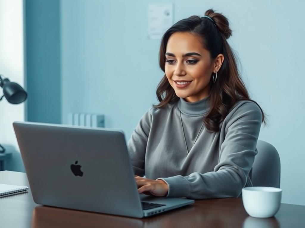 A high-resolution image featuring a confident woman engaging in a virtual Zoom call on her laptop, surrounded by a calming workspace with rich blues and soft grays. The background should be simple, emphasizing her focused expression as she interacts with her mentor. The lighting should be soft and inviting, creating a warm atmosphere that encourages connection and growth.
